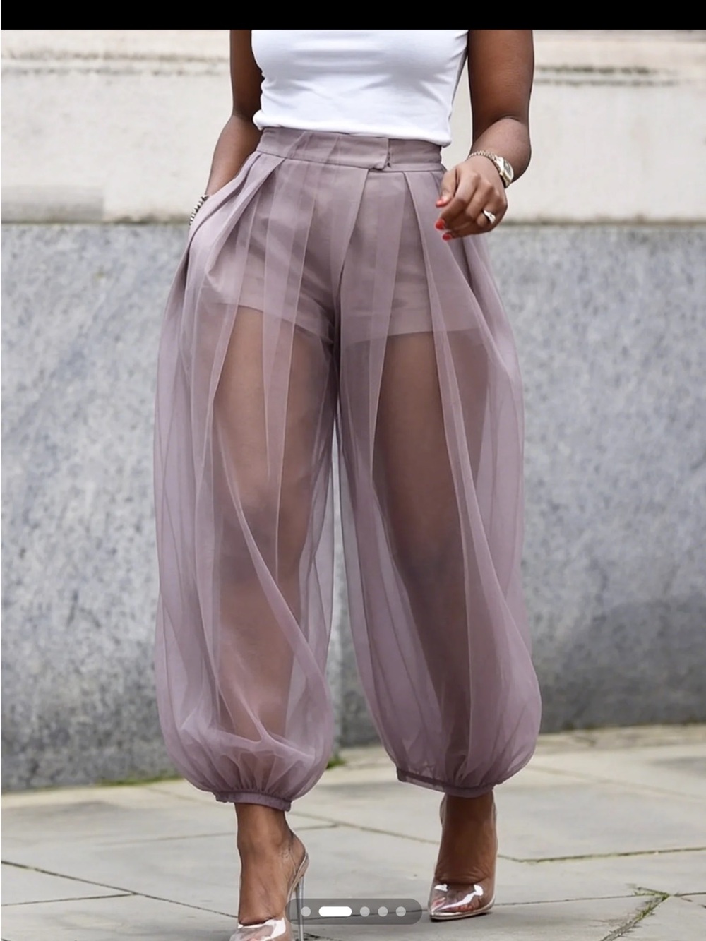 STYLEWE Sheer Balloon Wide-Leg Pants in Dusty Mauve
